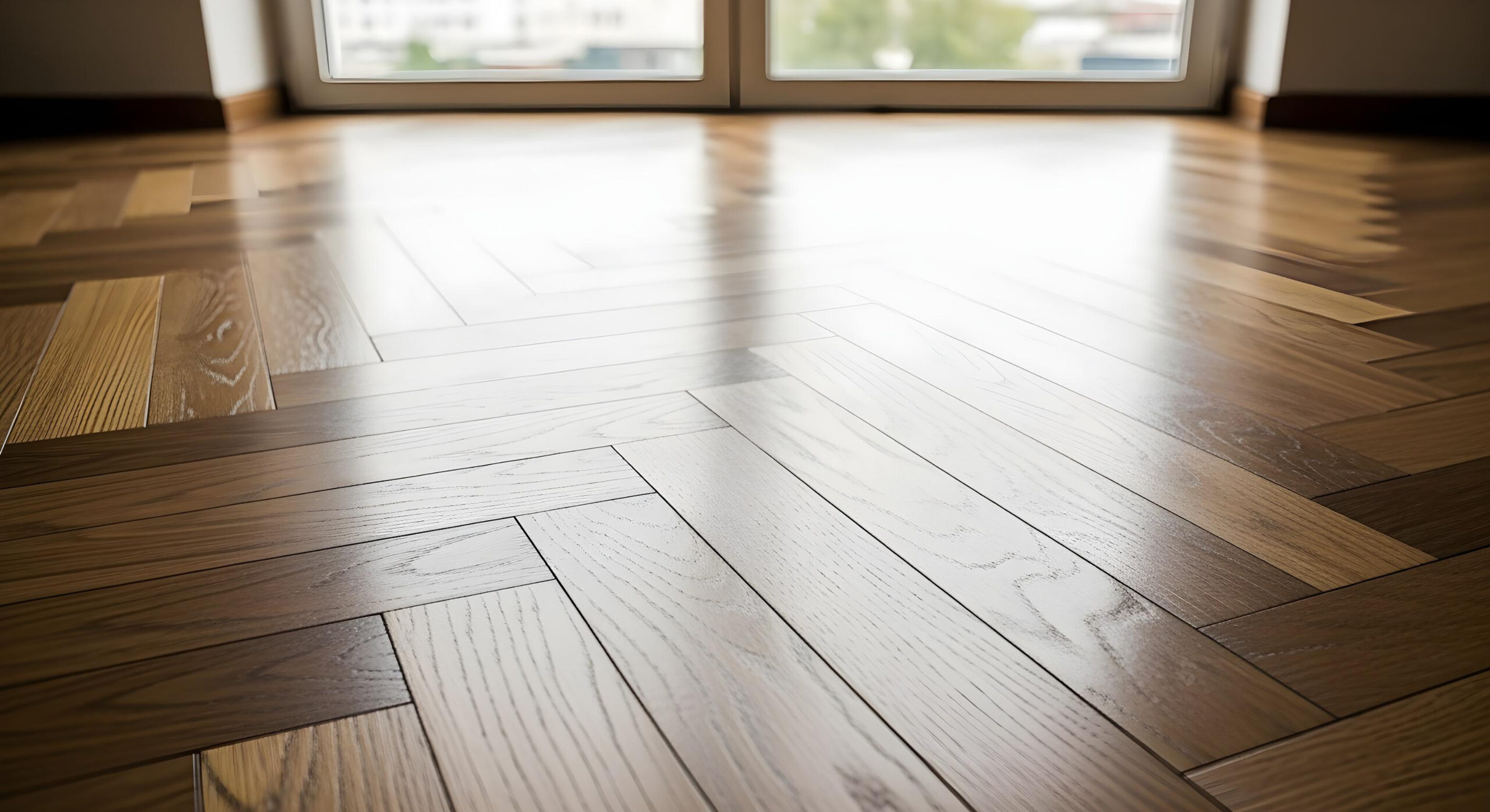 close up polished wood parquet floor reflecting light